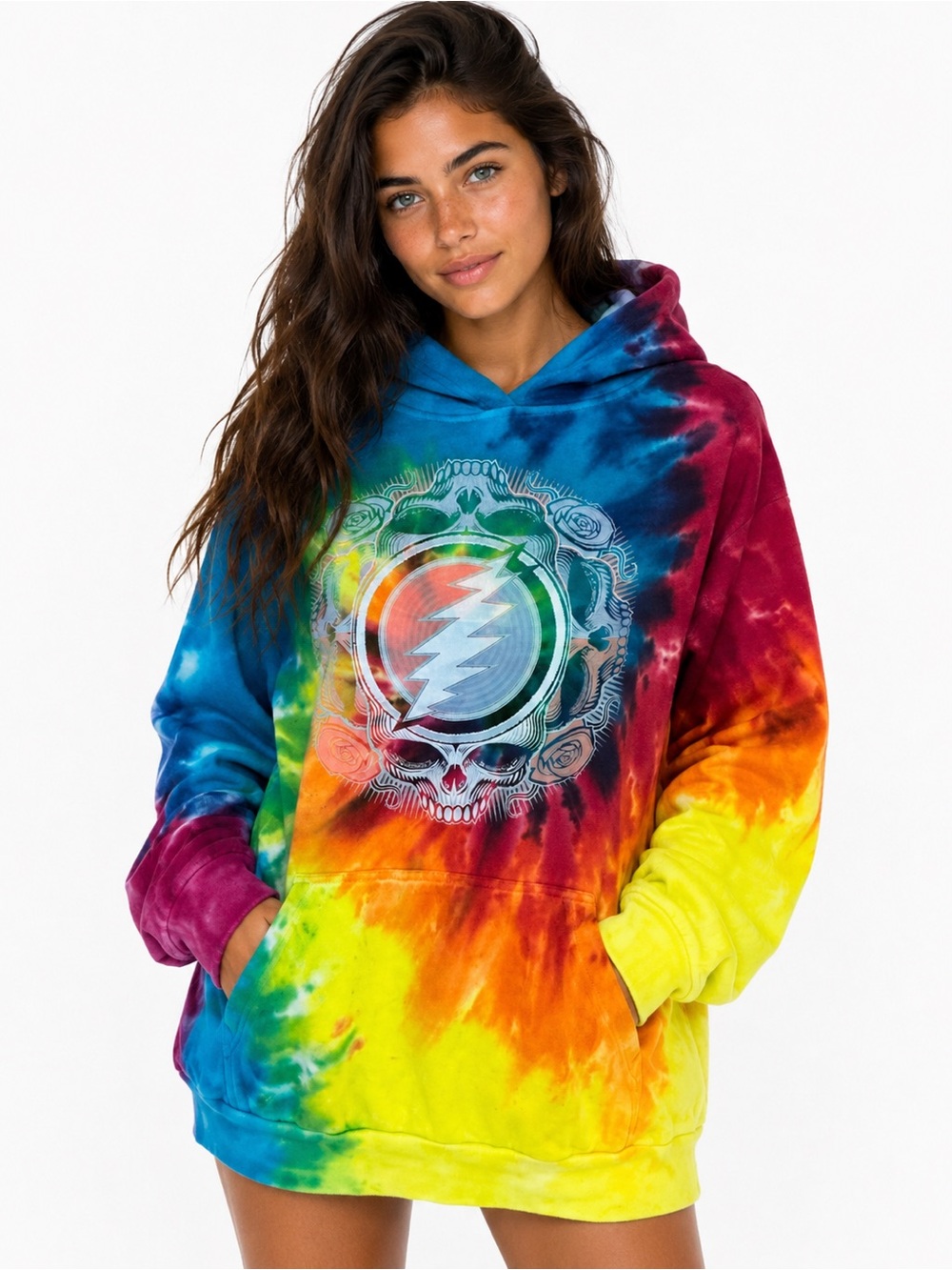 Grateful Dead Tie Dye Hoodie Oversized Medium Rainbow Skull Graphic Pullover